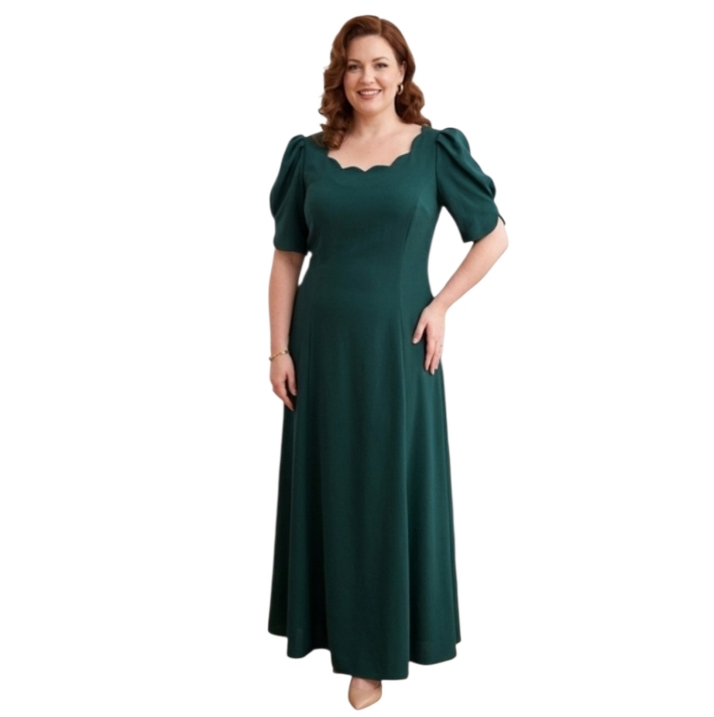 Vintage Evening Gown Emerald Green Maxi Dress Scalloped Neckline Gala Formal